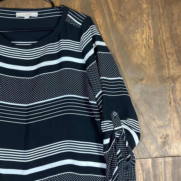 Loft Womens Blouse Black White Stripes Dot Print Petite Roll Tab Sleeve MP - Picture 5 of 12